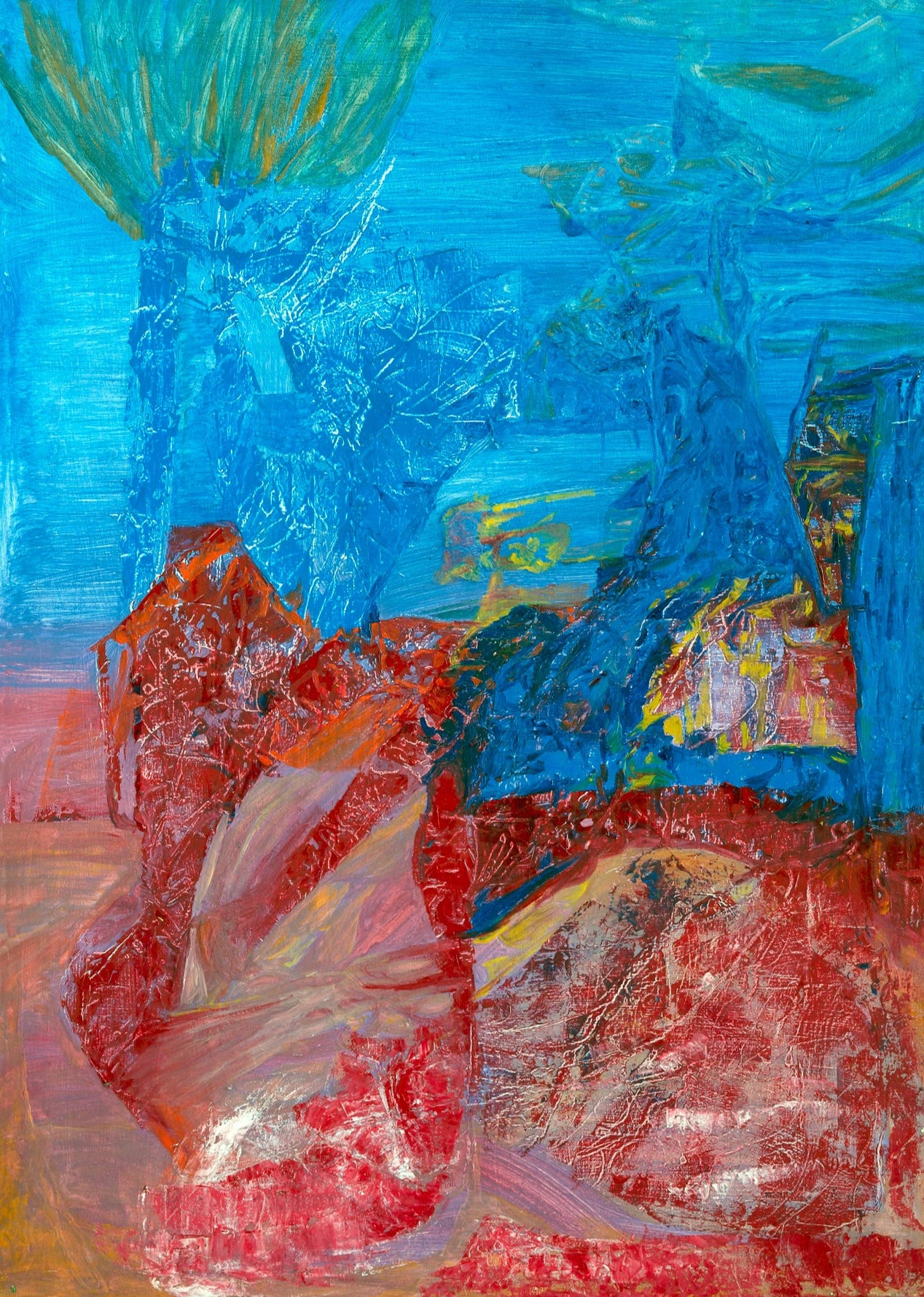 Abstract painting with blue and red tones on a textured beige wall
