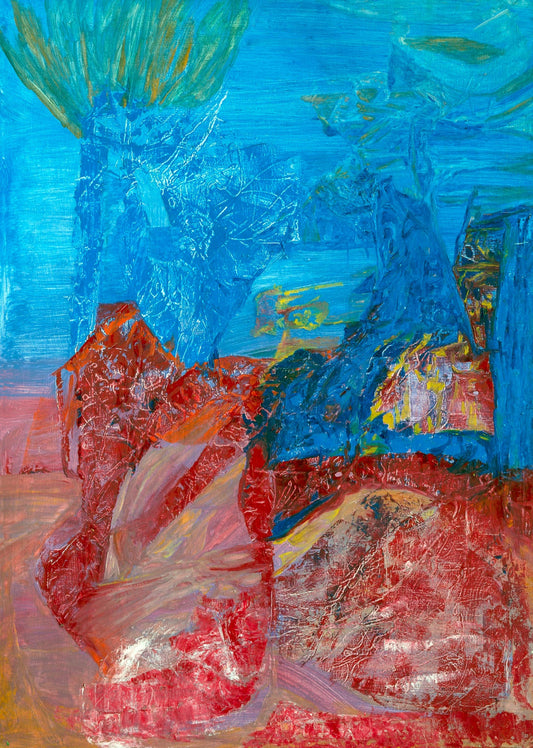 Abstract painting with blue and red tones on a textured beige wall