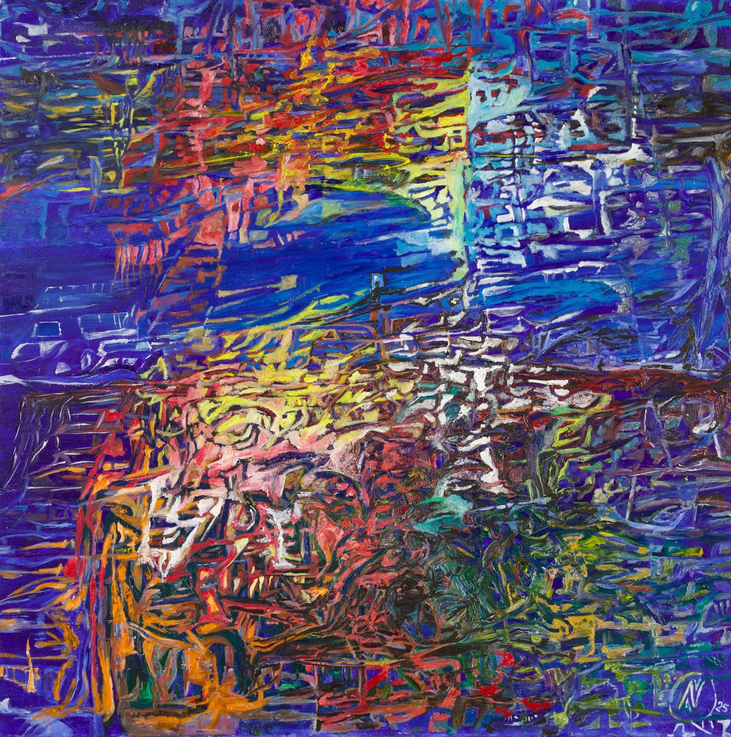 Abstract painting with vibrant colors on a textured beige wall