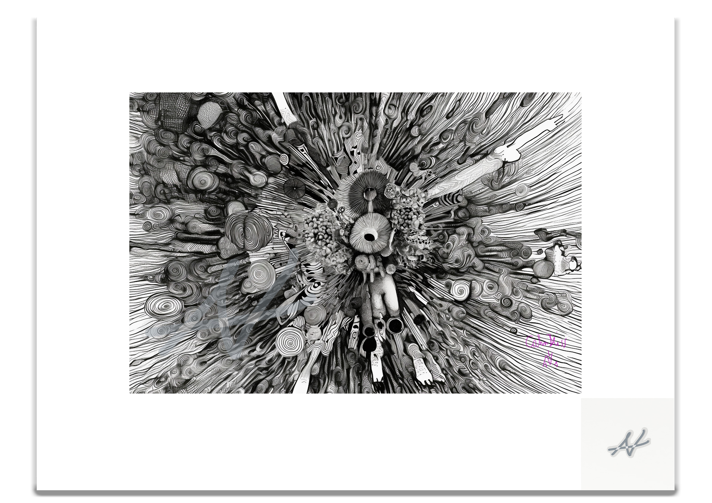 Black and white abstract art print on a white background
