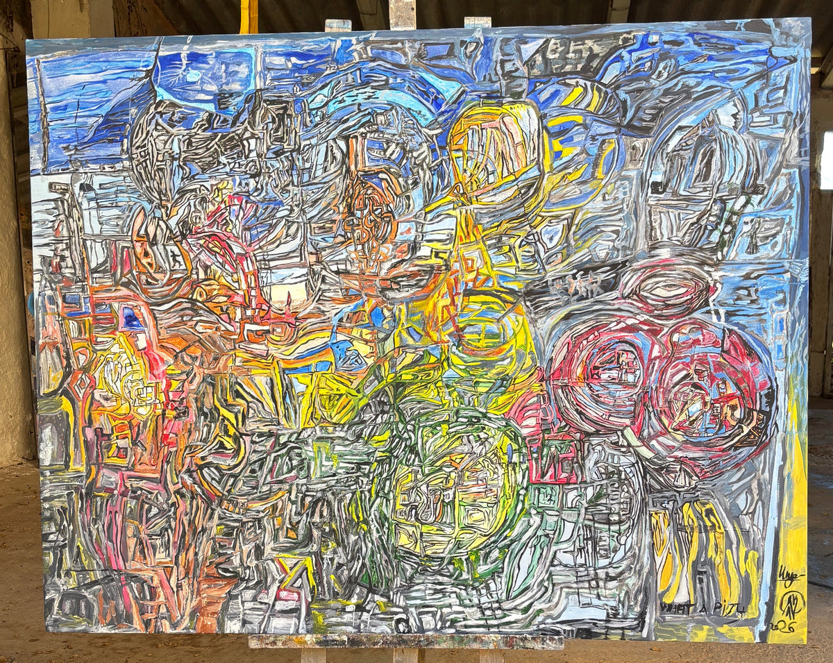 A large abstract painting with expressive brushstrokes in blue, yellow, red, orange, gray, and black, displayed on a wooden easel in an outdoor covered walkway with dry leaves on the ground.
