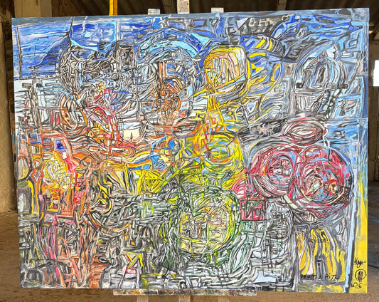 A large abstract painting with expressive brushstrokes in blue, yellow, red, orange, gray, and black, displayed on a wooden easel in an outdoor covered walkway with dry leaves on the ground.